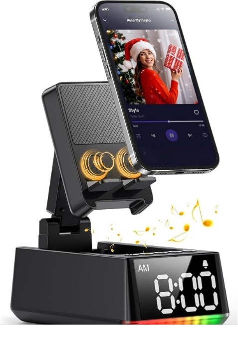 BBL Gifts for Men Women, Foldable Phone Stand with Bluetooth Speaker&Clock | Built-In Wireless Induction Speaker Stand, Birthday Gifts for Men, Induction Speaker for Mobile Phone, Tech Gadgets for Dad