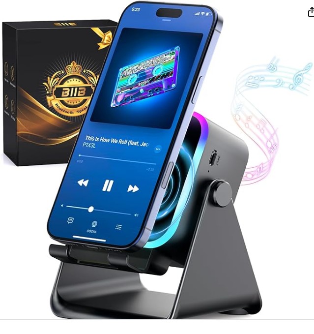 BIIB Gifts for Men, Induction Bluetooth Speaker for Mobile Phone Stand | 6-in-1 Hands-Free Portable Speaker for Home Office, RGB Lights, Powerbank Function, Anti-Slip Base, Dad Birthday Tech Gadgets
